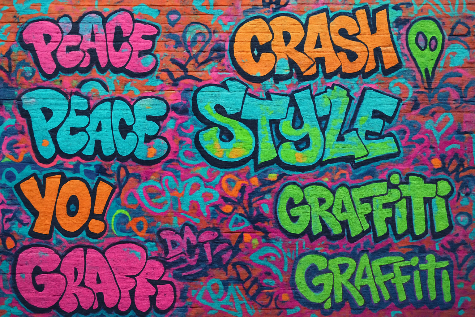 genera un muro in mattoni pieno di graffiti colorati. Tema street 