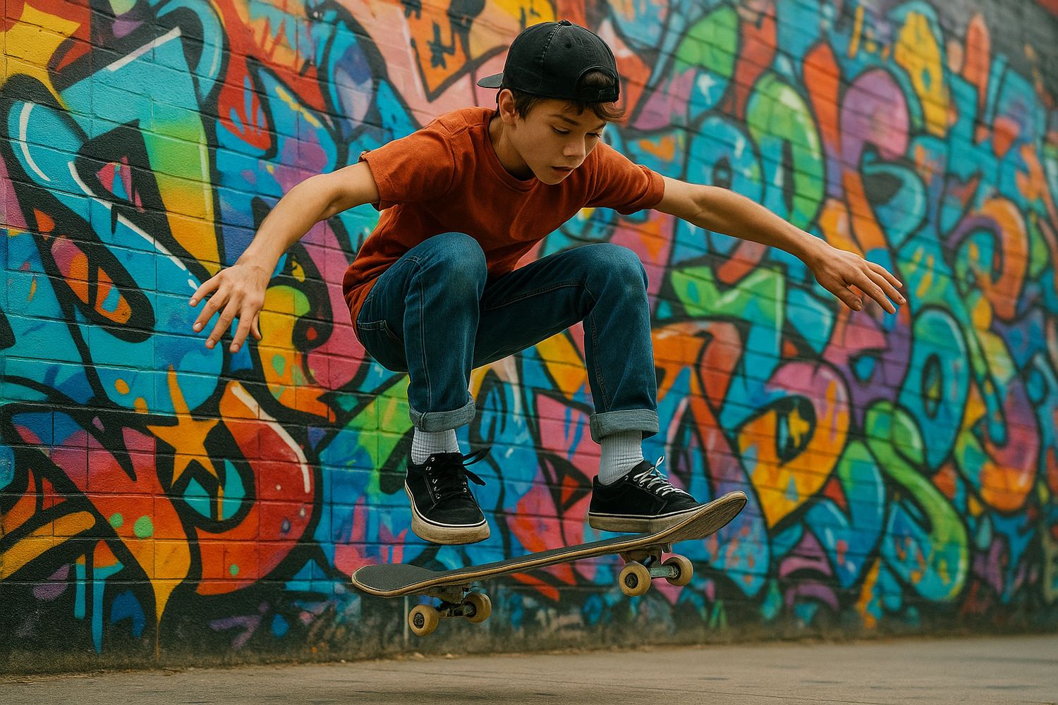 ragazzo che fa un trick con lo skateboard, con sullo sfondo un muro pieno di graffiti